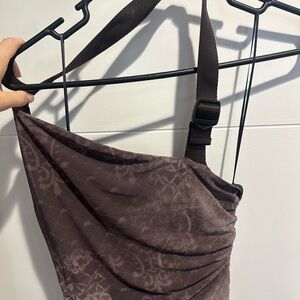 Silence + Noise Asymmetrical Dress in Dark Brown. Buckle over shoulder